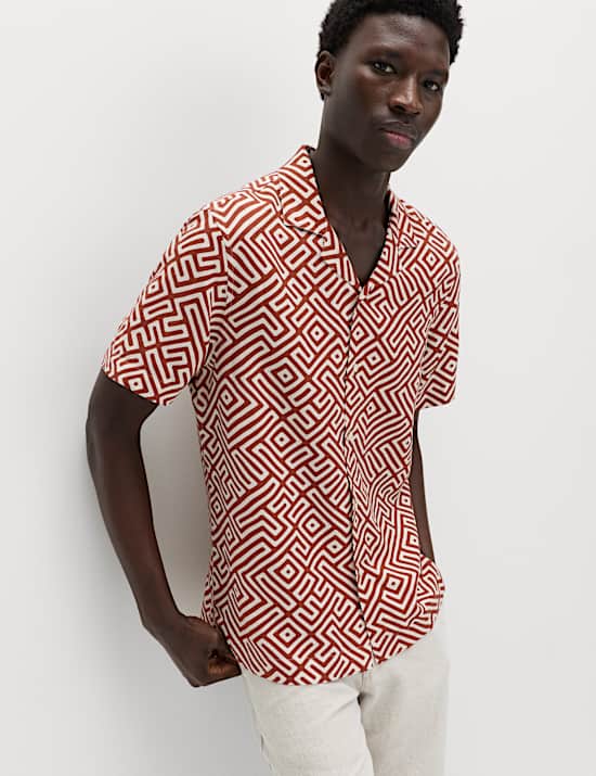Easy Iron Linen Blend Geometric Short Sleeve Shirt