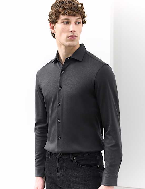 Chemise coupe cintrée en jersey 100 % coton, repassage facile