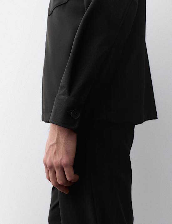 Wool Blend Twill Convertible Collar Overshirt