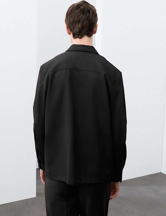 Wool Blend Twill Convertible Collar Overshirt