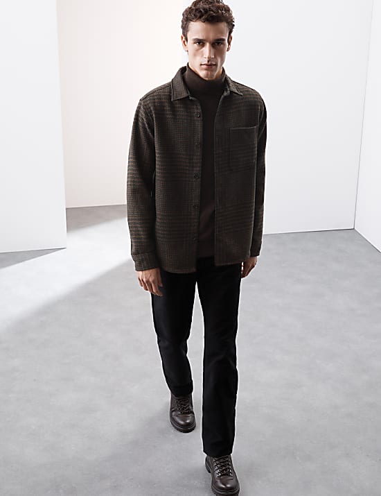 Jaket Kemeja Houndstooth Campuran Wol