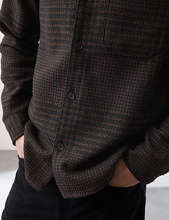 Jaket Kemeja Houndstooth Campuran Wol