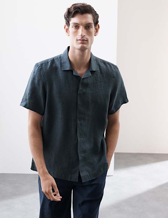 Hemd aus reinem Leinen mit kubanischem Kragen und Fischgrätmuster