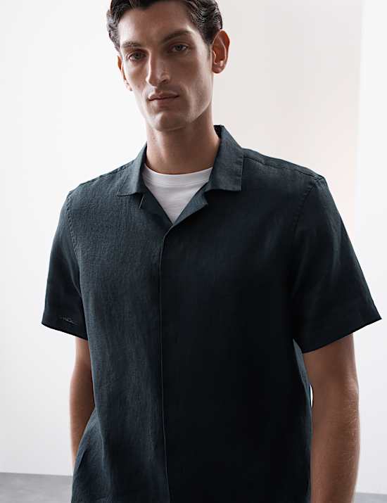 Pure Linen Herringbone Cuban Collar Shirt