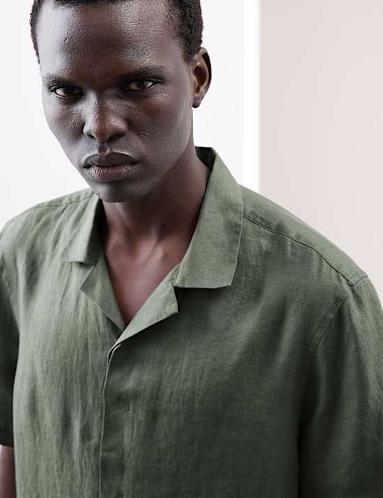 Pure Linen Herringbone Cuban Collar Shirt