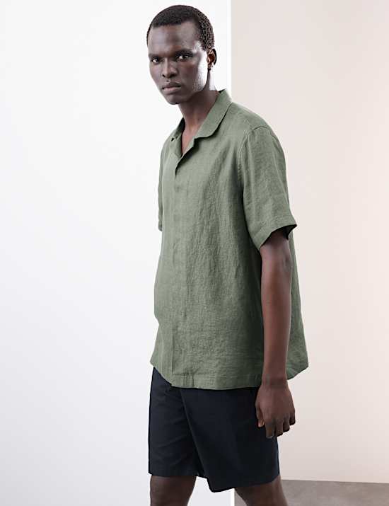Pure Linen Herringbone Cuban Collar Shirt