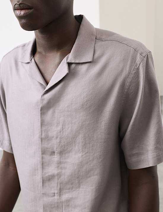 Kemeja Campuran Linen Lengan Pendek