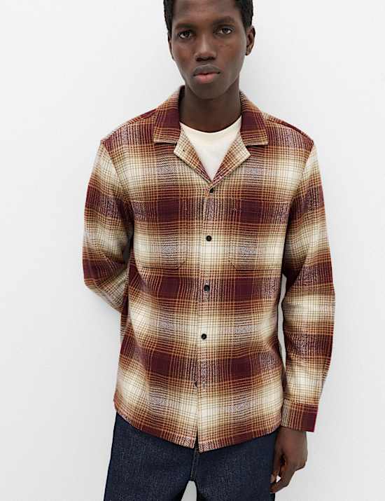 Pure Cotton Checked Revere Collar Flannel Shirt