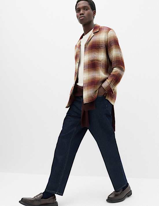 Pure Cotton Checked Revere Collar Flannel Shirt