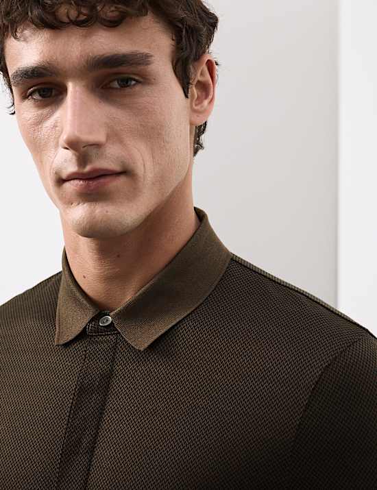 Pure Cotton Textured Long Sleeve Polo Shirt