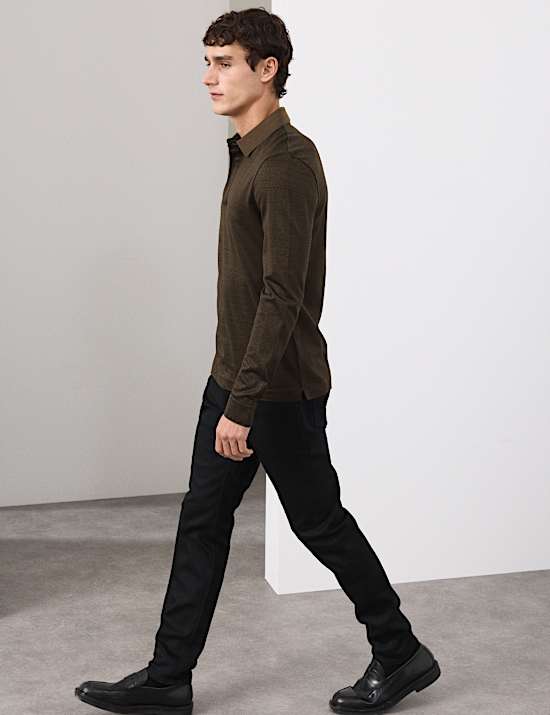 Pure Cotton Textured Long Sleeve Polo Shirt