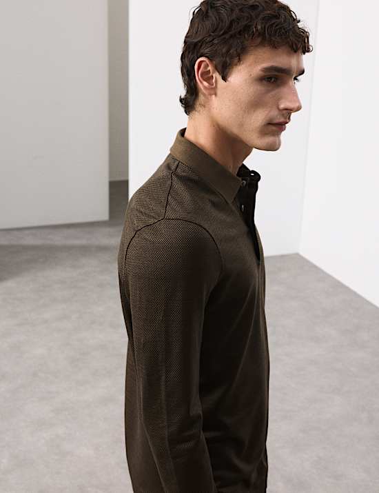 Pure Cotton Textured Long Sleeve Polo Shirt