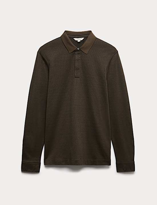 Pure Cotton Textured Long Sleeve Polo Shirt