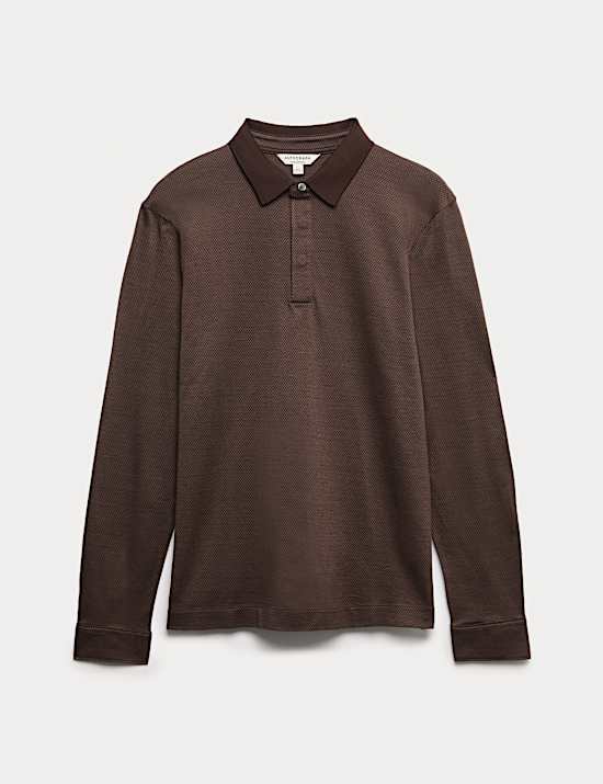 Pure Cotton Textured Long Sleeve Polo Shirt
