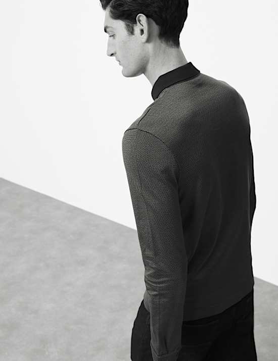 Pure Cotton Textured Long Sleeve Polo Shirt