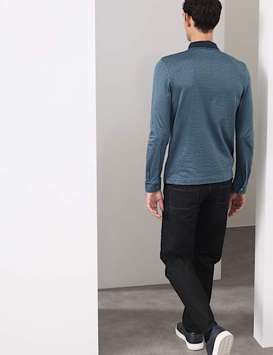 Pure Cotton Textured Long Sleeve Polo Shirt