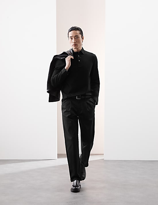 Pure Cotton Textured Long Sleeved Polo Shirt