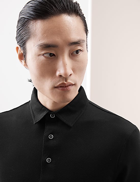 Pure Cotton Textured Long Sleeved Polo Shirt