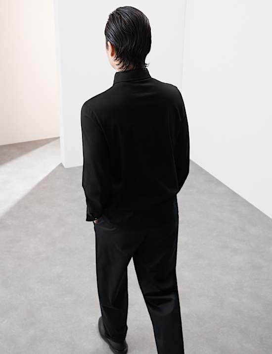 Pure Cotton Textured Long Sleeved Polo Shirt