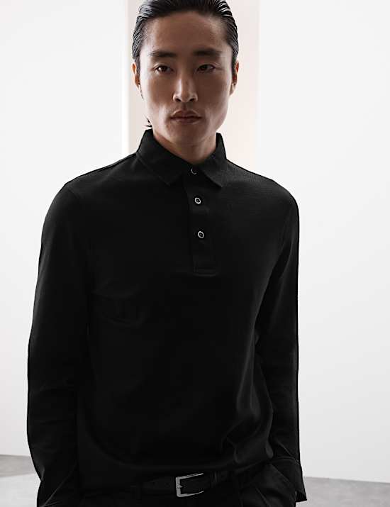 Pure Cotton Textured Long Sleeved Polo Shirt