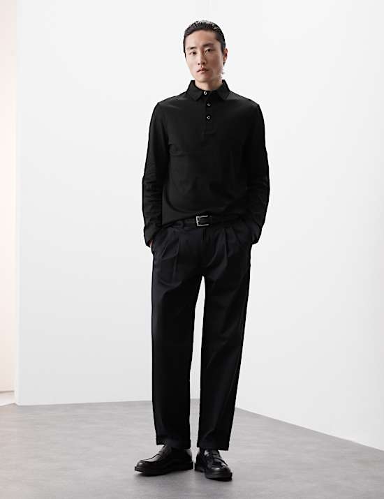 Pure Cotton Textured Long Sleeved Polo Shirt