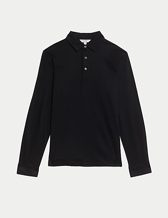 Pure Cotton Textured Long Sleeved Polo Shirt