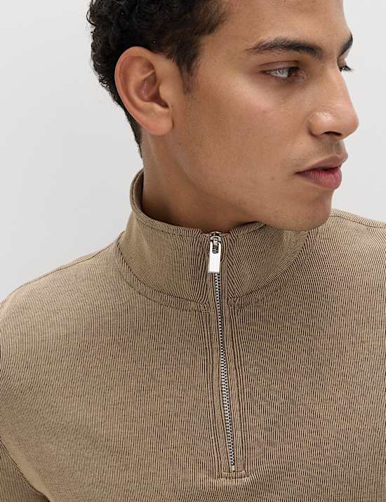 Sweatshirt en coton &agrave; maille double et col demi-zipp&eacute;