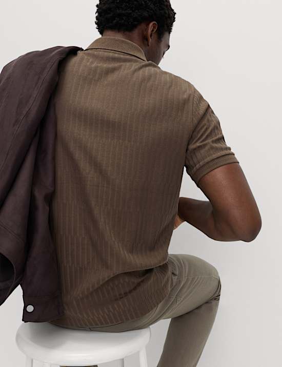 Cotton Rich Jacquard Zip Up Polo Shirt