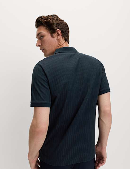 Cotton Rich Jacquard Zip Up Polo Shirt