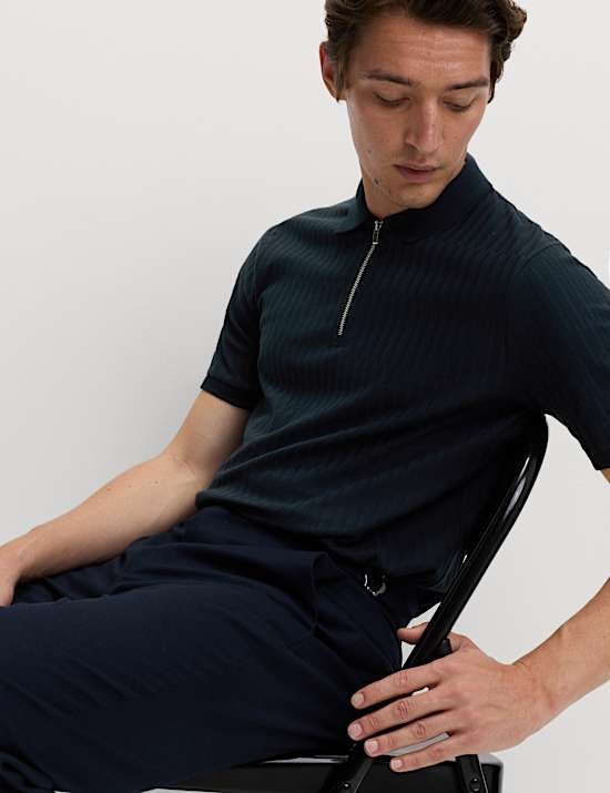 Cotton Rich Jacquard Zip Up Polo Shirt