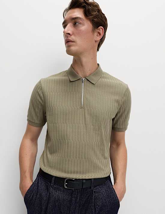 Cotton Rich Jacquard Zip Up Polo Shirt