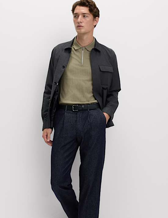 Cotton Rich Jacquard Zip Up Polo Shirt