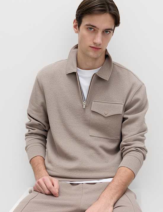 Cotton Blend Pique Half Zip Top