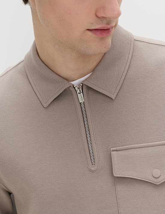 Cotton Blend Pique Half Zip Top