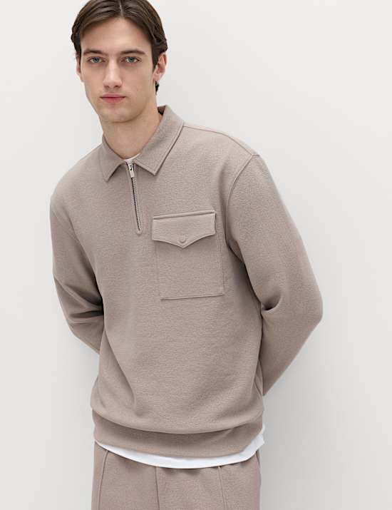 Cotton Blend Pique Half Zip Top