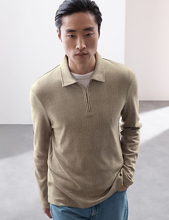 Langarm-Poloshirt aus reiner Baumwolle mit halbem Rei&szlig;verschluss