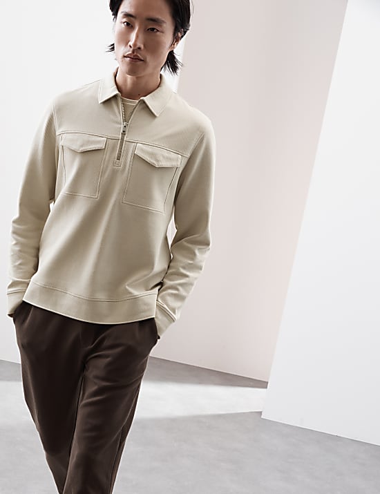 Cotton Rich Textured Half Zip Sweatshirt