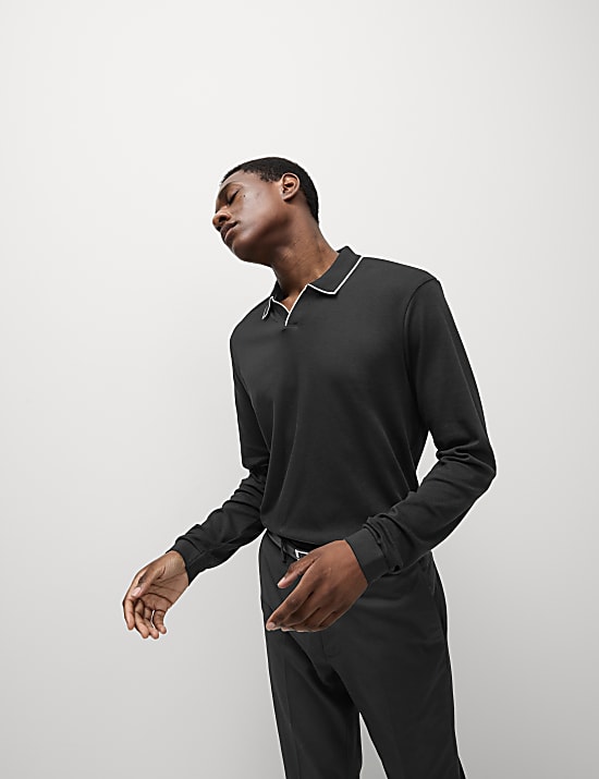 Langärmeliges Poloshirt aus reiner Baumwolle mit Kontrastelementen