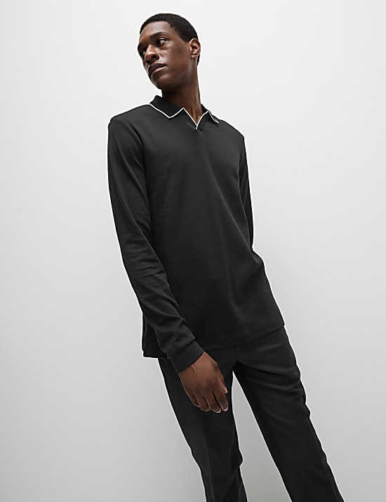 Langärmeliges Poloshirt aus reiner Baumwolle mit Kontrastelementen