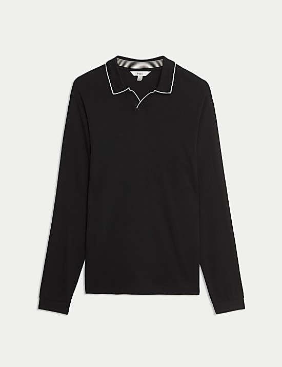 Langärmeliges Poloshirt aus reiner Baumwolle mit Kontrastelementen