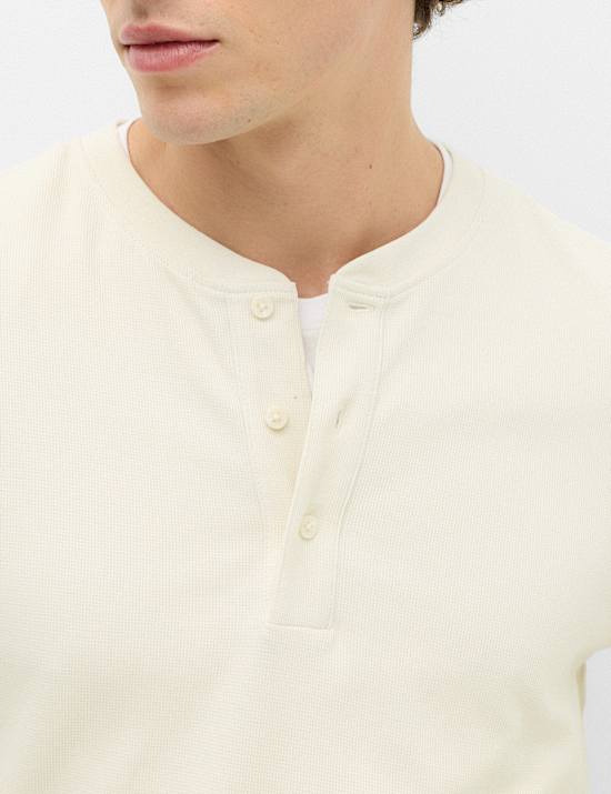 Cotton Rich Waffle Henley Long Sleeve T-Shirt