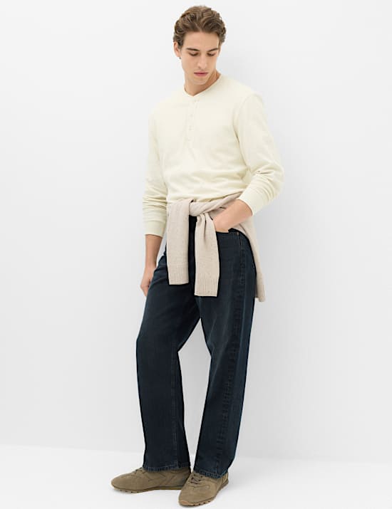 Cotton Rich Waffle Henley Long Sleeve T-Shirt