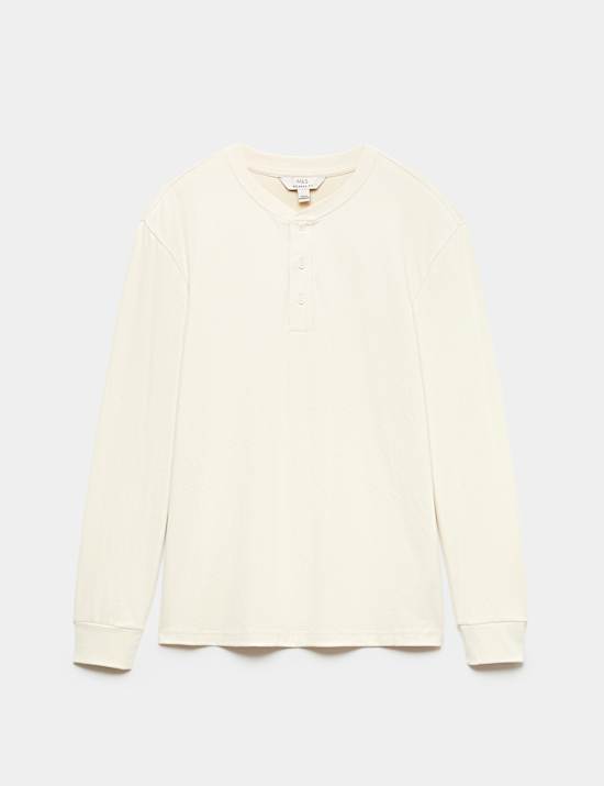 Cotton Rich Waffle Henley Long Sleeve T-Shirt