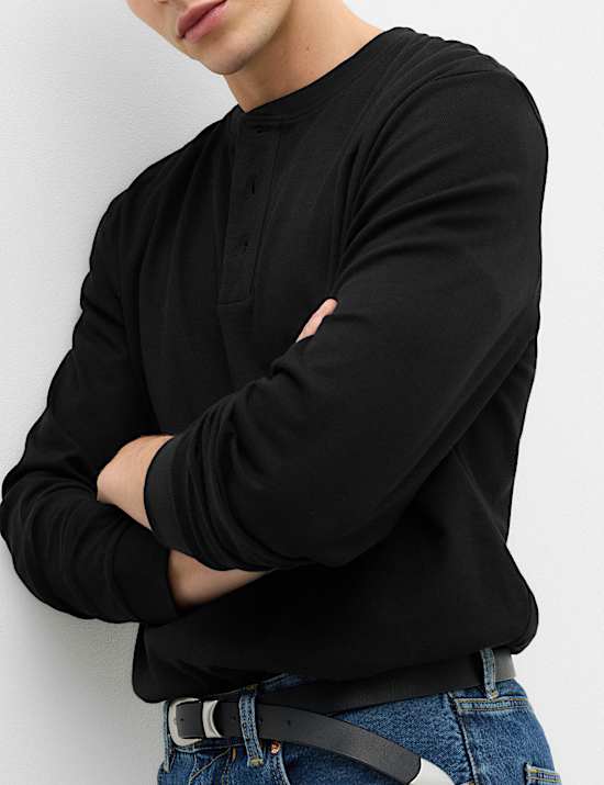 Cotton Rich Waffle Henley Long Sleeve T-Shirt