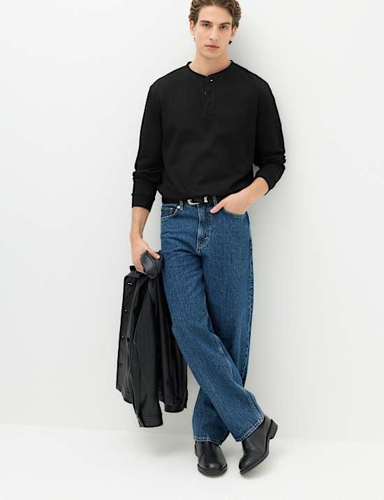 Cotton Rich Waffle Henley Long Sleeve T-Shirt