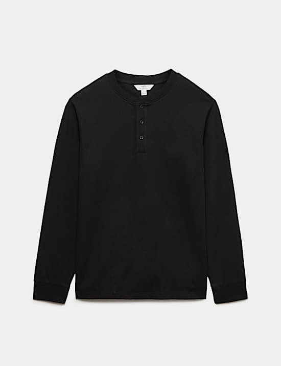 Cotton Rich Waffle Henley Long Sleeve T-Shirt