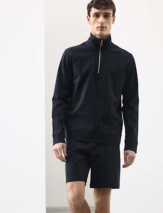 Pure Cotton Textured Striped Half Zip Jacket