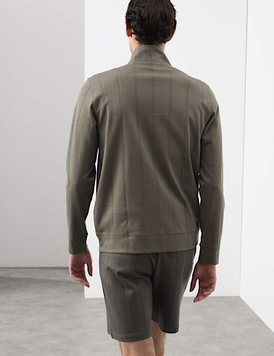 Pure Cotton Textured Striped Half Zip Jacket