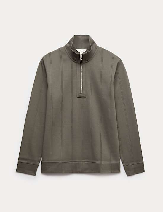 Pure Cotton Textured Striped Half Zip Jacket