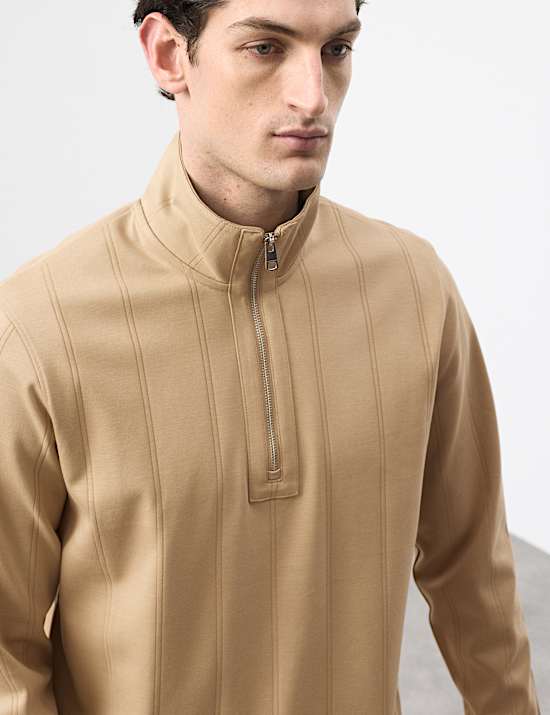 Pure Cotton Textured Striped Half Zip Jacket